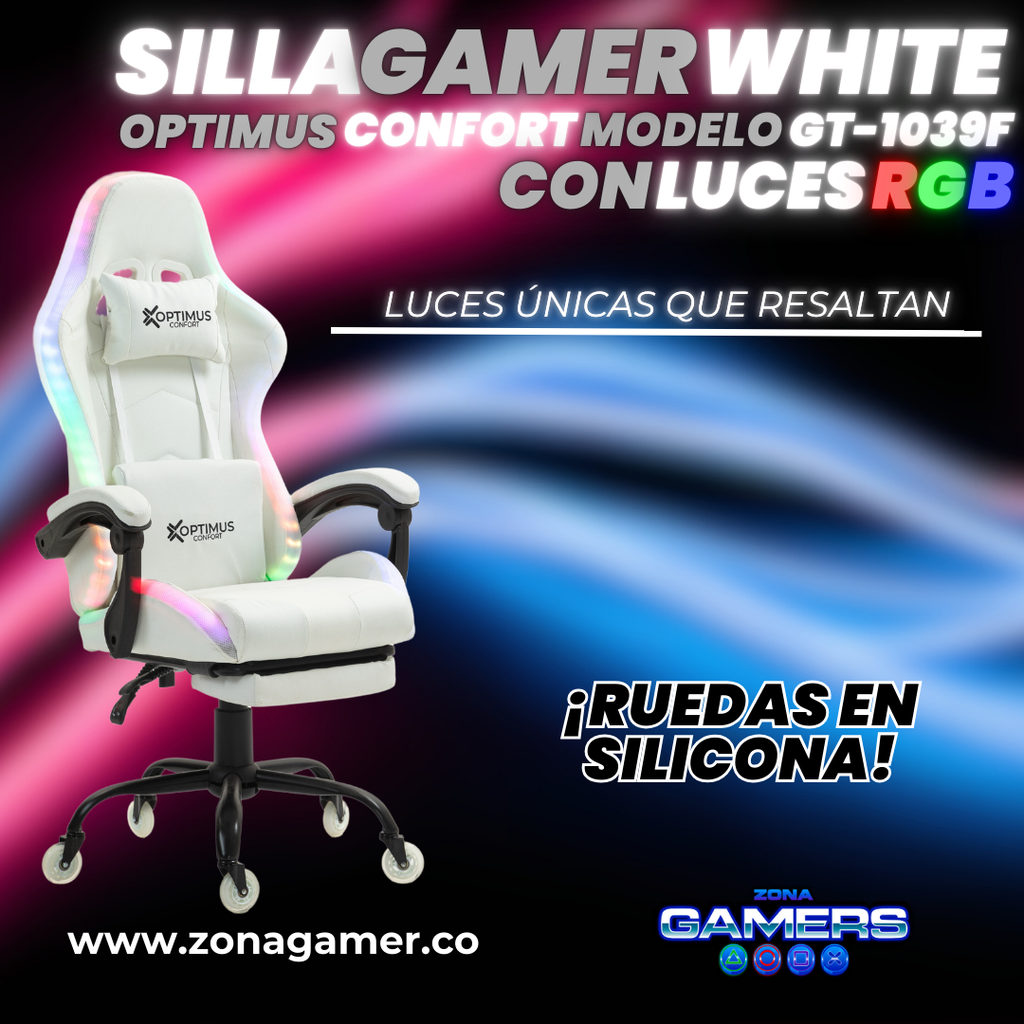 Silla gamer GT-1039F White con luces RGB + reposapiés y ruedas en silicona
