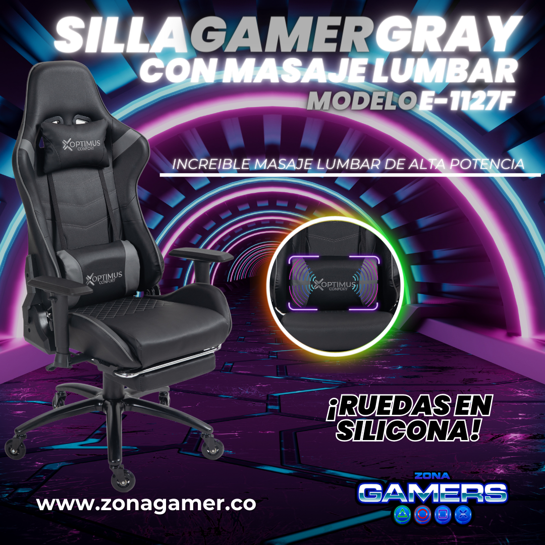 Silla Gamer E-1127F Gray + masajeador lumbar con reposapiés incluido y ruedas en silicona