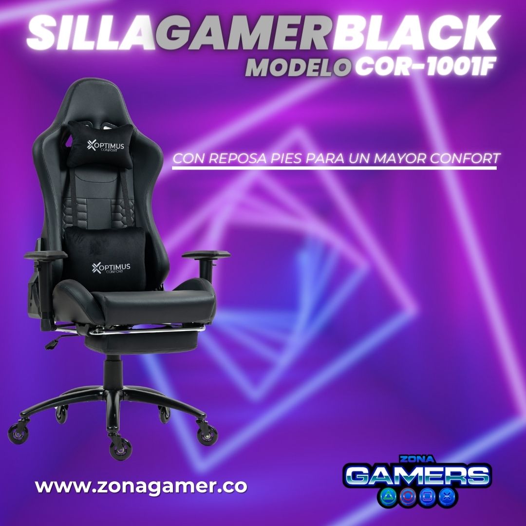 Silla Gamer COR-1001F Black con reposapiés + Ruedas en Silicona