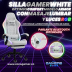 Silla Gamer Optimus Confort Armor RGB White con masajeador lumbar y parlante bluetooth