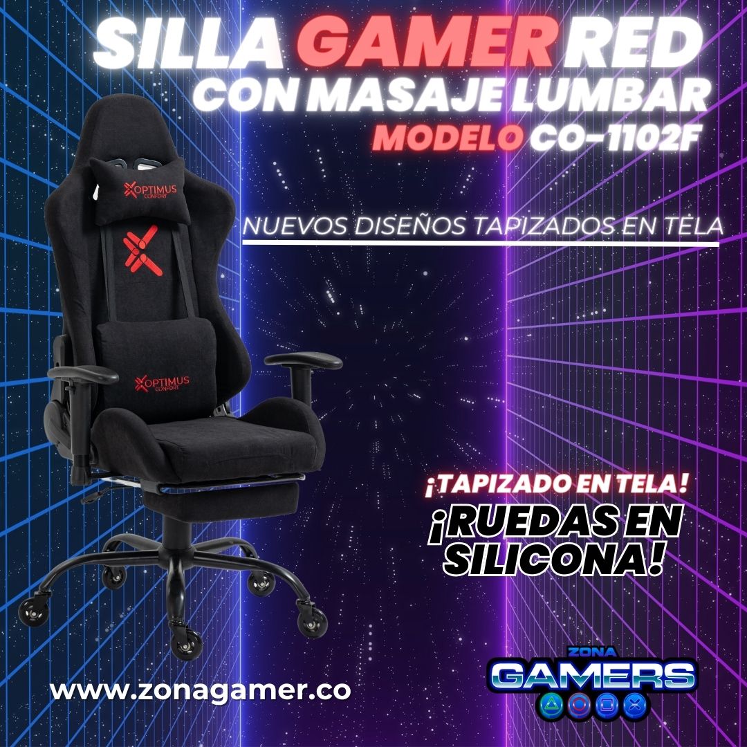 Silla Gamer CO-1102F Red, tapizada en tela con reposapiés y ruedas en silicona