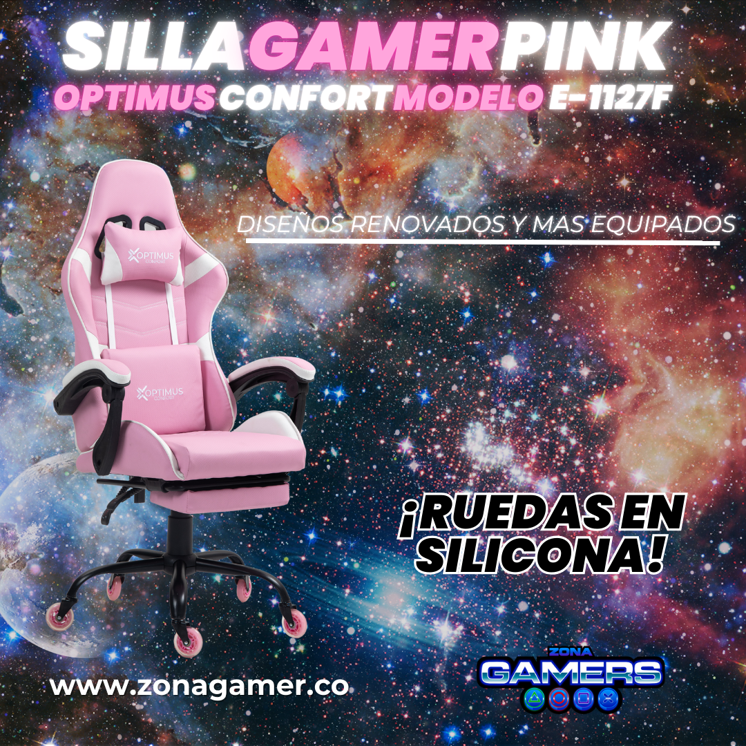 Silla Gamer E-1127F Pink con reposapiés y ruedas en silicona