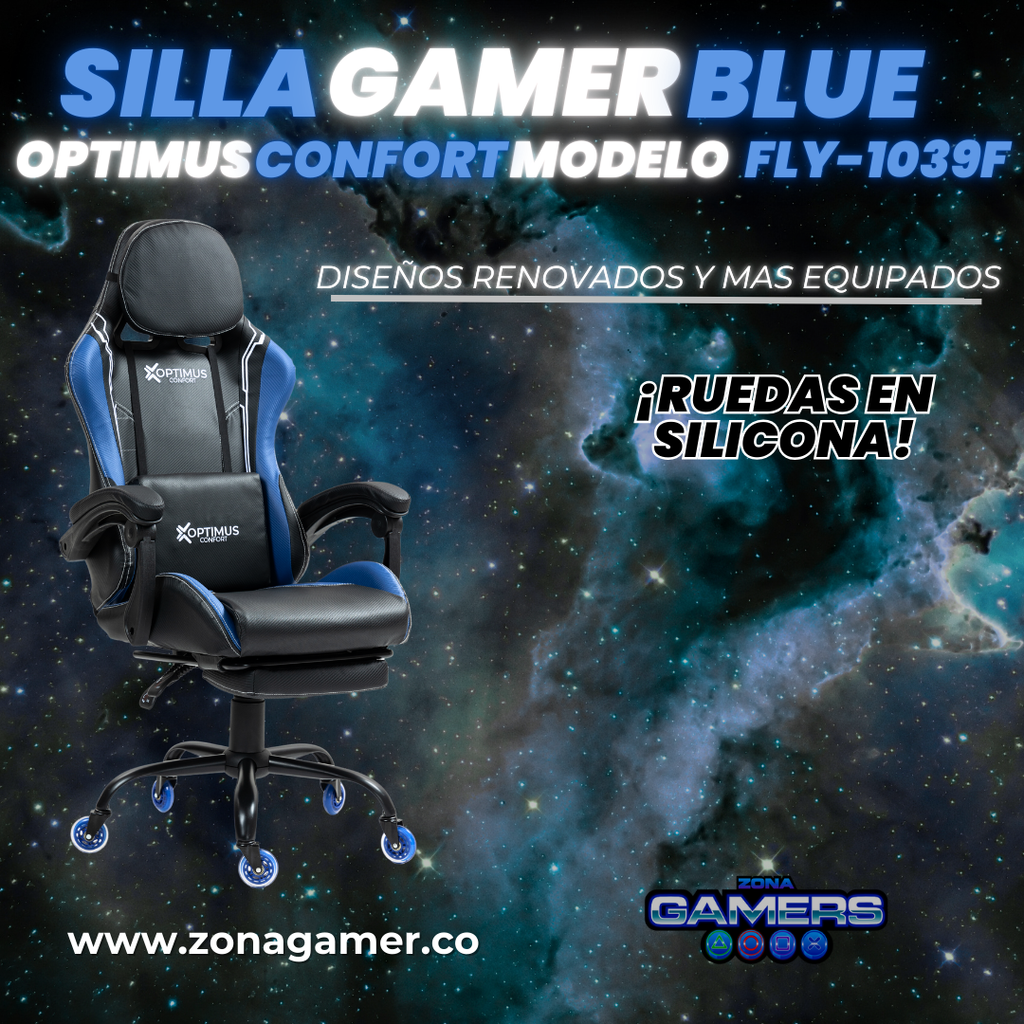 Silla Gamer Fly-1039F Blue con reposapiés y ruedas en silicona