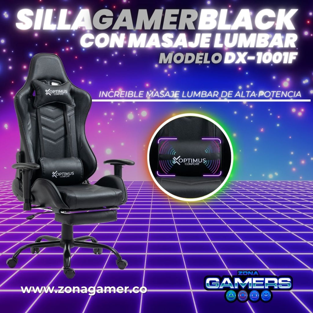 Silla Gamer DX-1001F Black con masajeador lumbar y reposapiés incluido