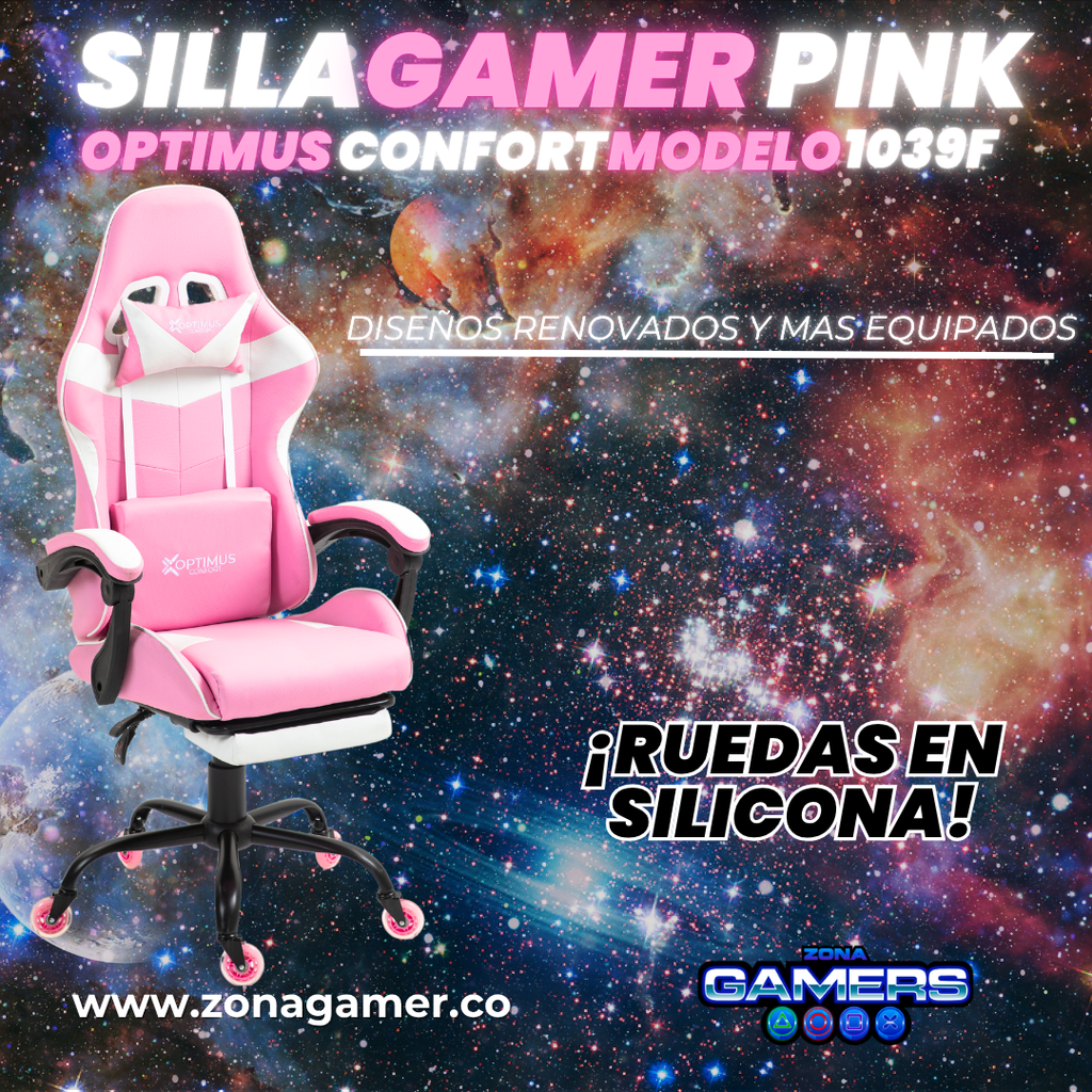Silla Gamer 1039F Pink con reposapiés y ruedas en silicona