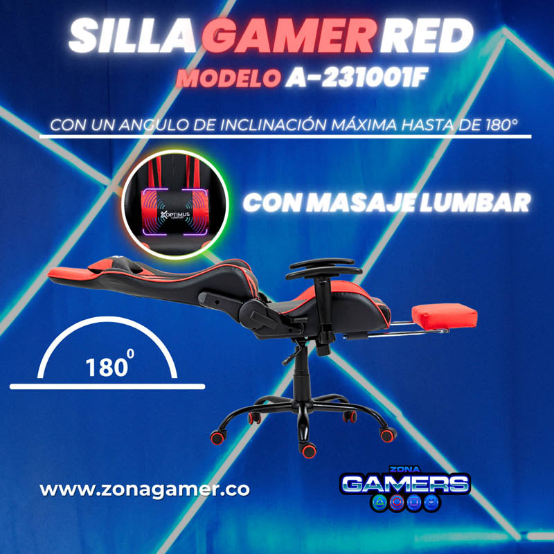 Silla Gamer A231001F Red  con masajeador lumbar y reposapies incluido