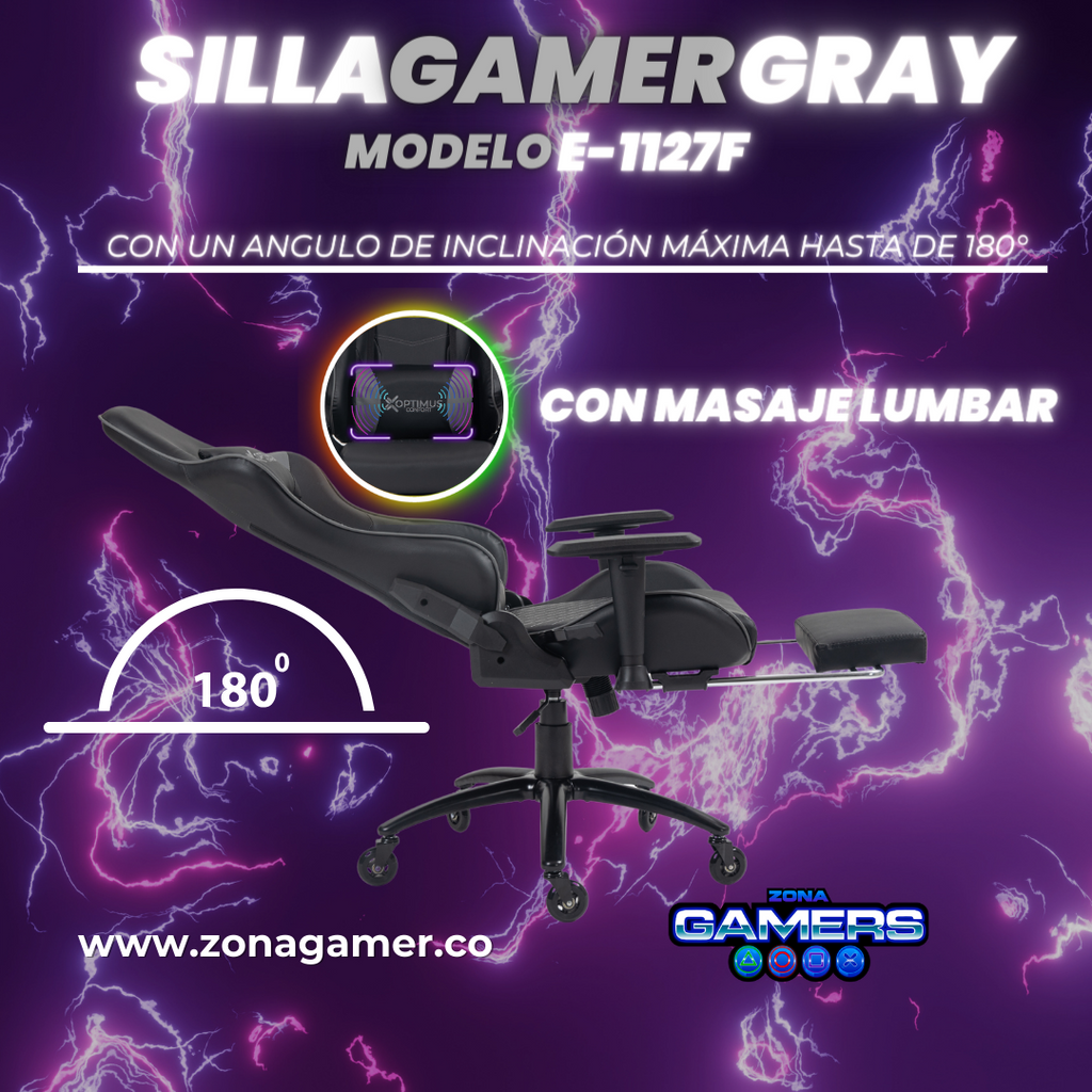 Silla Gamer E-1127F Gray + masajeador lumbar con reposapiés incluido y ruedas en silicona