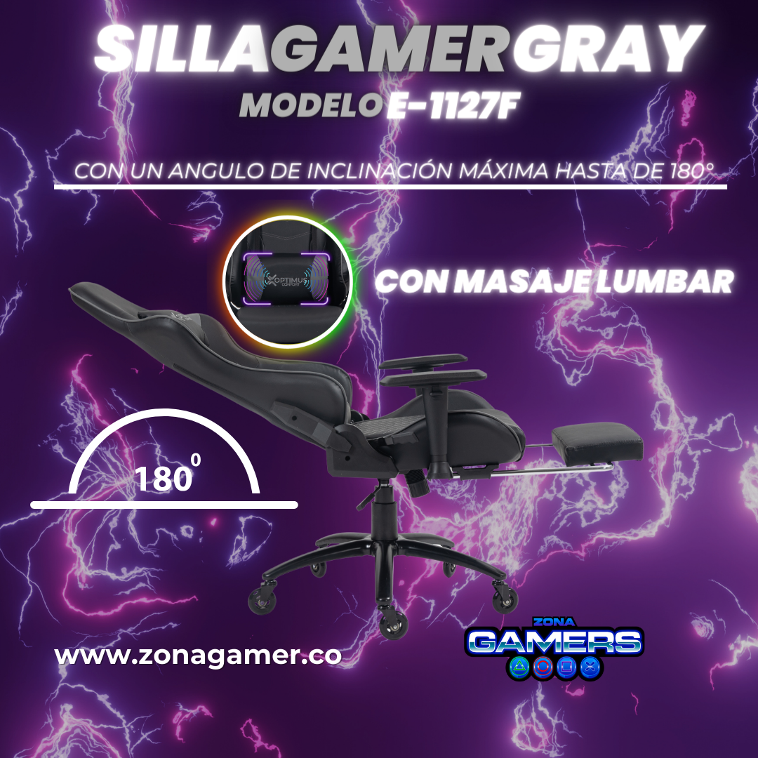 Silla Gamer E-1127F Gray + masajeador lumbar con reposapiés incluido y ruedas en silicona