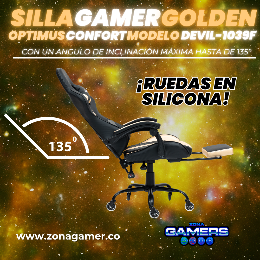 Silla Gamer Devil-1039F Golden con reposapiés y ruedas en silicona
