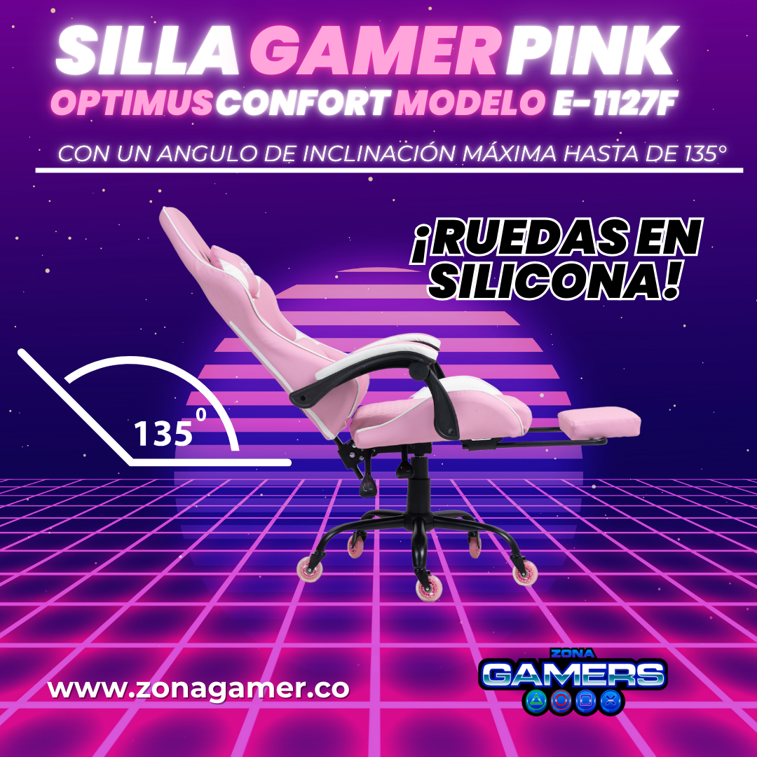 Silla Gamer E-1127F Pink con reposapiés y ruedas en silicona