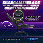 Silla Gamer ARMOR-1039F Black + masajeador lumbar con reposapiés y ruedas en silicona
