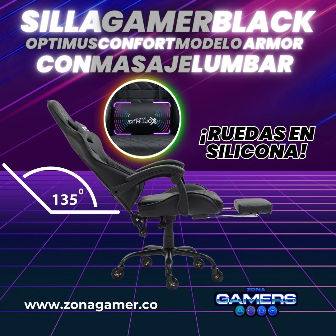 Silla Gamer ARMOR-1039F Black + masajeador lumbar con reposapiés y ruedas en silicona