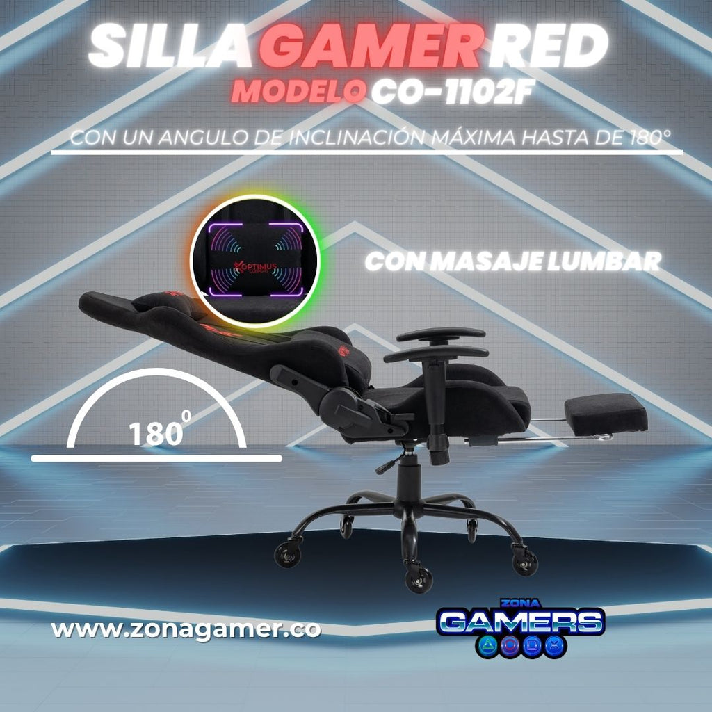 Silla Gamer Red + masajeador lumbar, tapizada en tela con reposapiés y ruedas en silicona