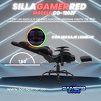Silla Gamer Red + masajeador lumbar, tapizada en tela con reposapiés y ruedas en silicona