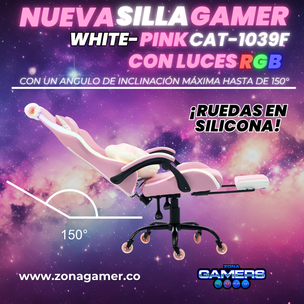 Silla Gamer Cat-1039F + RGB Pink-White con reposapiés y ruedas en silicona.