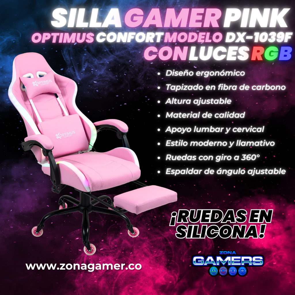Silla gamer DX-1039F Pink con luces RGB + reposapiés y ruedas en silicona