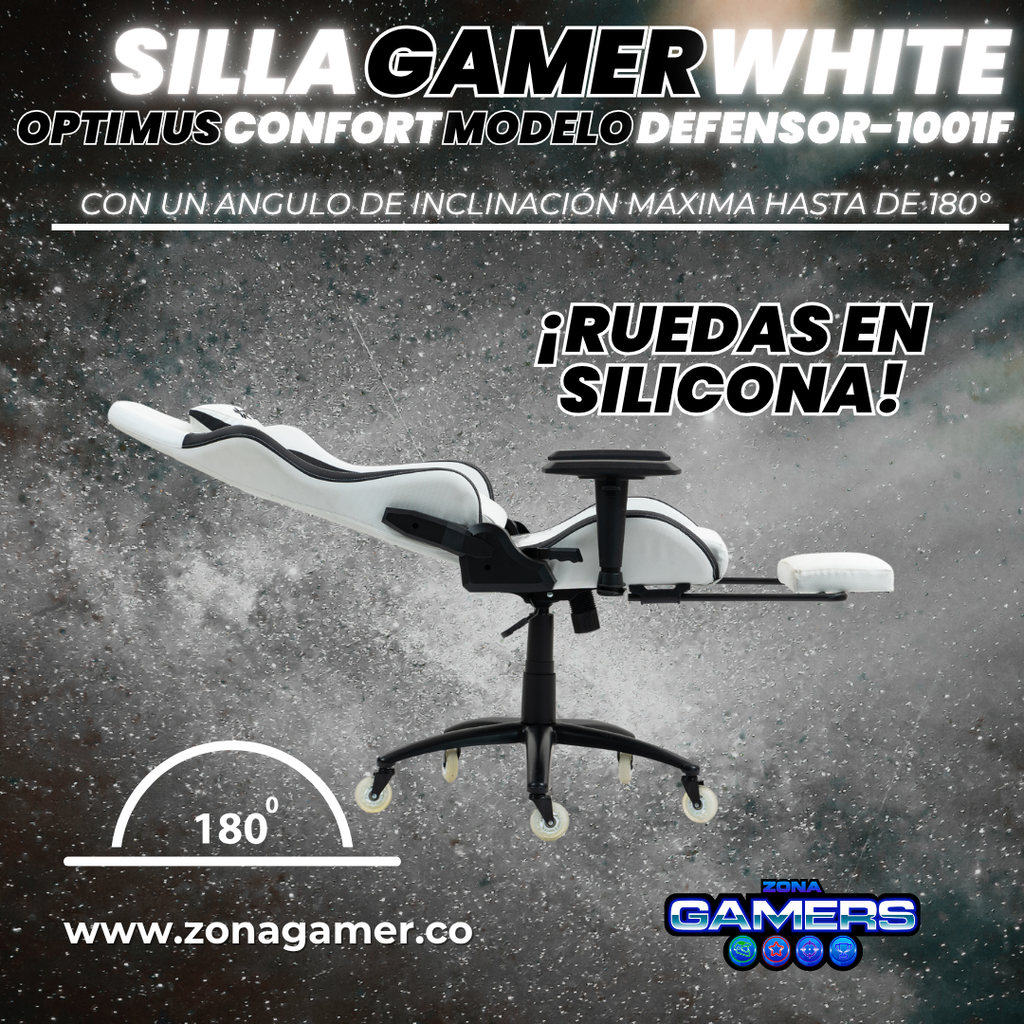 Silla Gamer Defensor-1001F White con reposapiés y ruedas en silicona