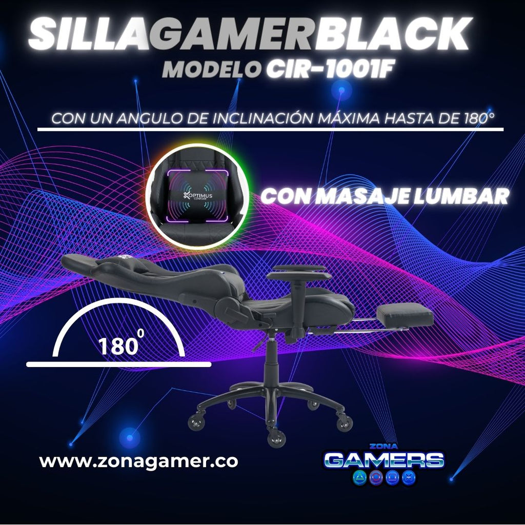 Silla Gamer CIR-1001F Black con masajeador lumbar y reposapiés incluido