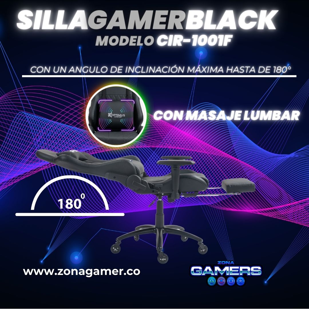 Silla Gamer CIR-1001F Black con masajeador lumbar y reposapiés incluido