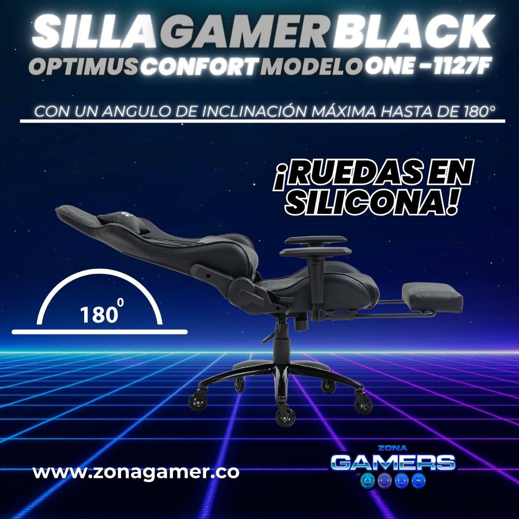 Silla gamer ONE -1127F Black + reposapiés y ruedas en silicona