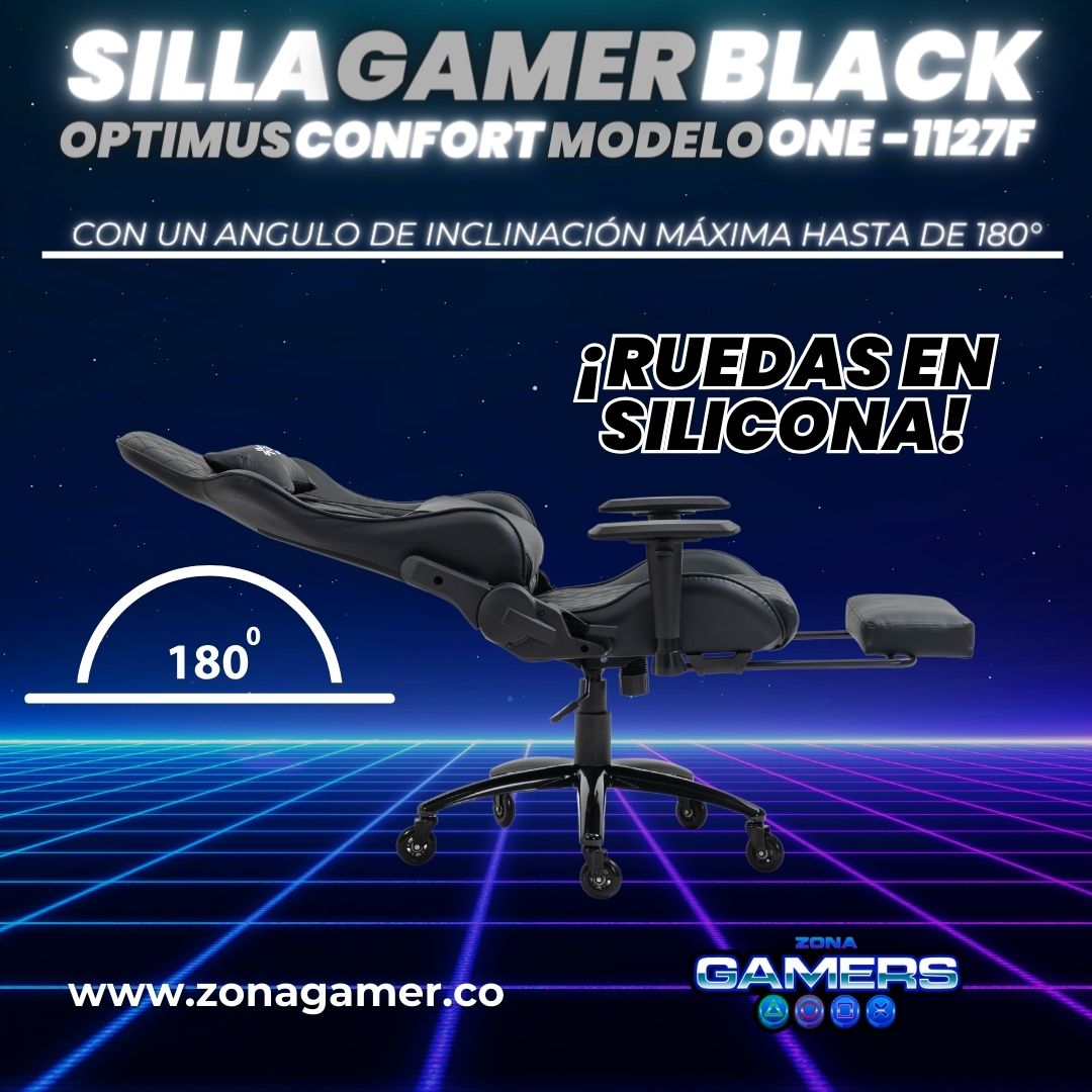 Silla gamer ONE -1127F Black + reposapiés y ruedas en silicona