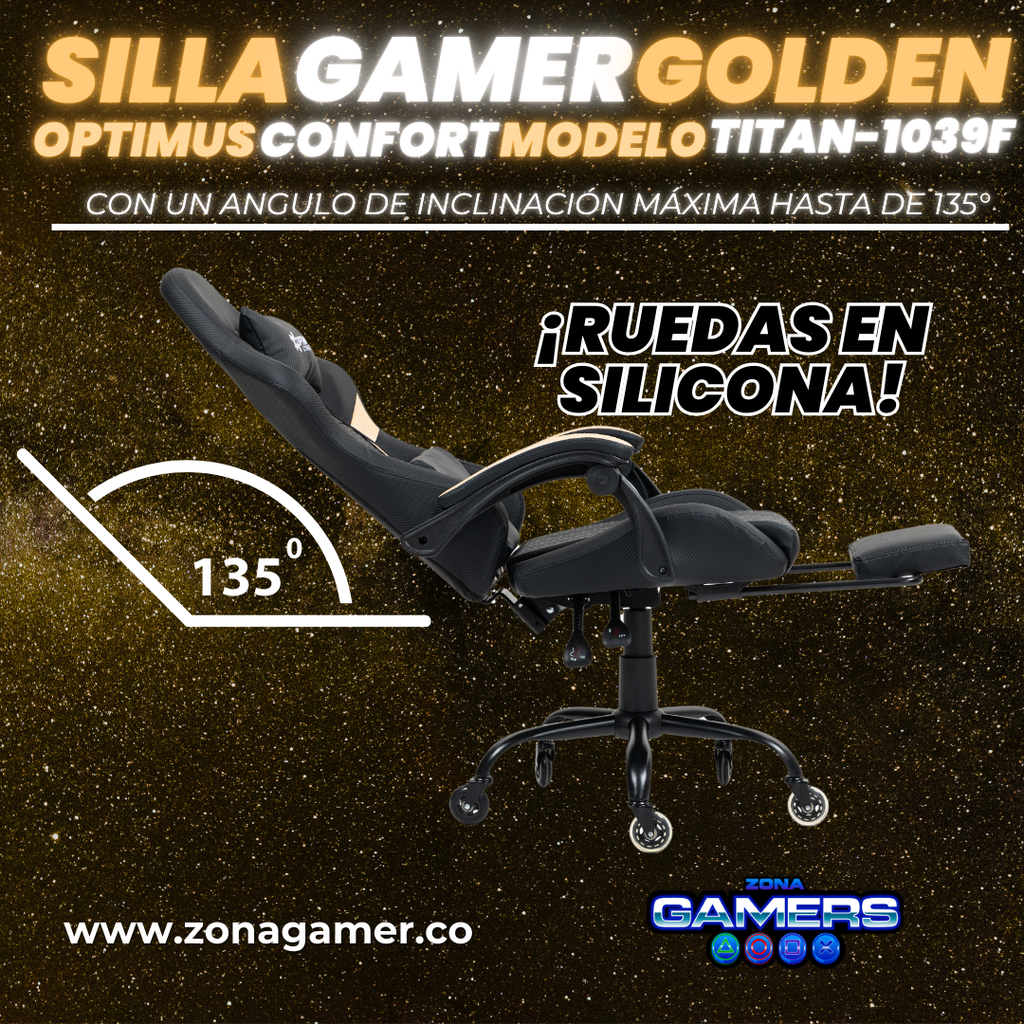 Silla Gamer Titan-1039F Golden con reposapiés y ruedas en silicona