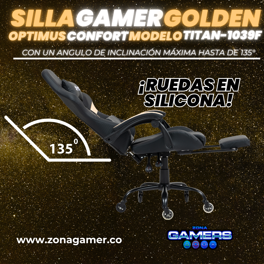 Silla Gamer Titan-1039F Golden con reposapiés y ruedas en silicona