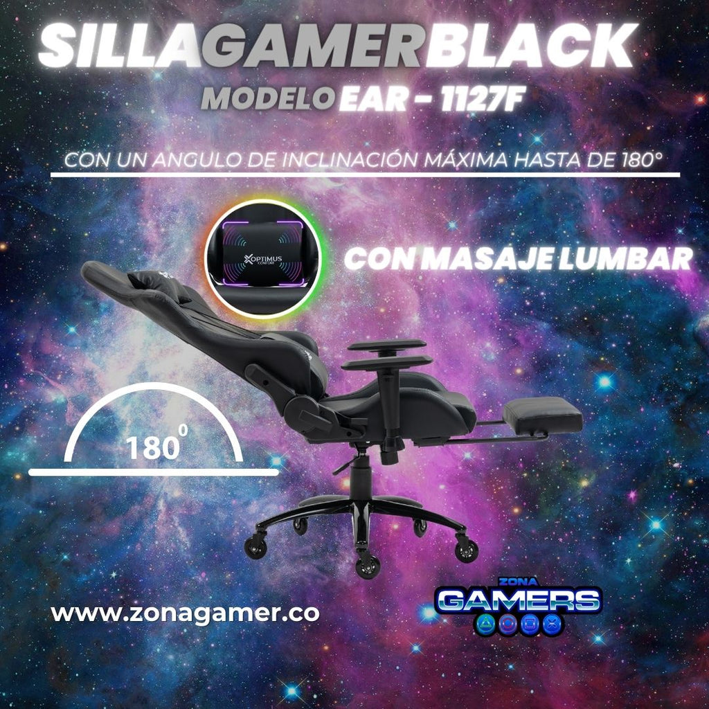 Silla Gamer EAR-1127F + masajeador lumbar con reposapiés incluido y ruedas en silicona