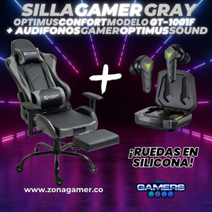 Combo Silla Gamer Gray + Audífonos Gamer con reposapiés incluido y ruedas en silicona