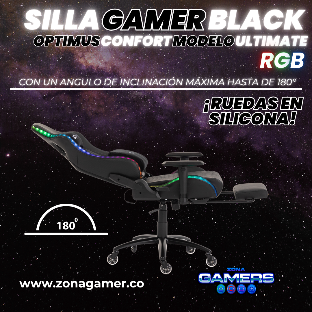 Silla gamer ULTIMATE Black con luces RGB + reposapiés y ruedas en silicona