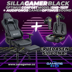Combo Silla Gamer ONE -1127F + Audífonos Gamer con reposapiés incluido y ruedas en silicona