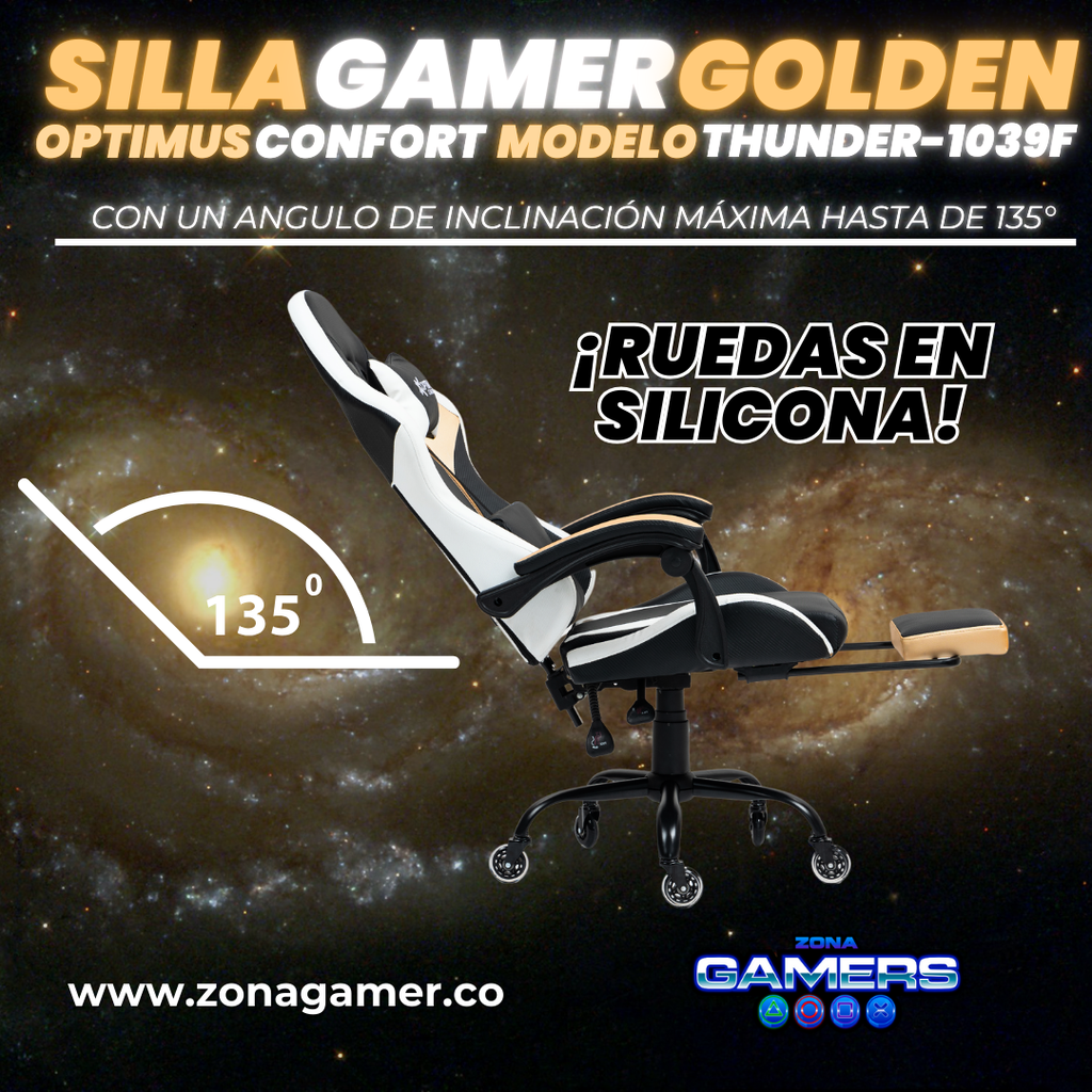 Silla Gamer Thunder-1039F Golden con reposapiés y ruedas en silicona