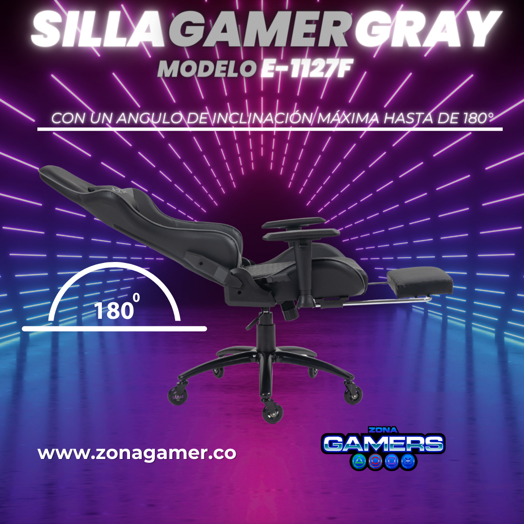 Silla gamer E-1127F Gray + reposapiés y ruedas en silicona