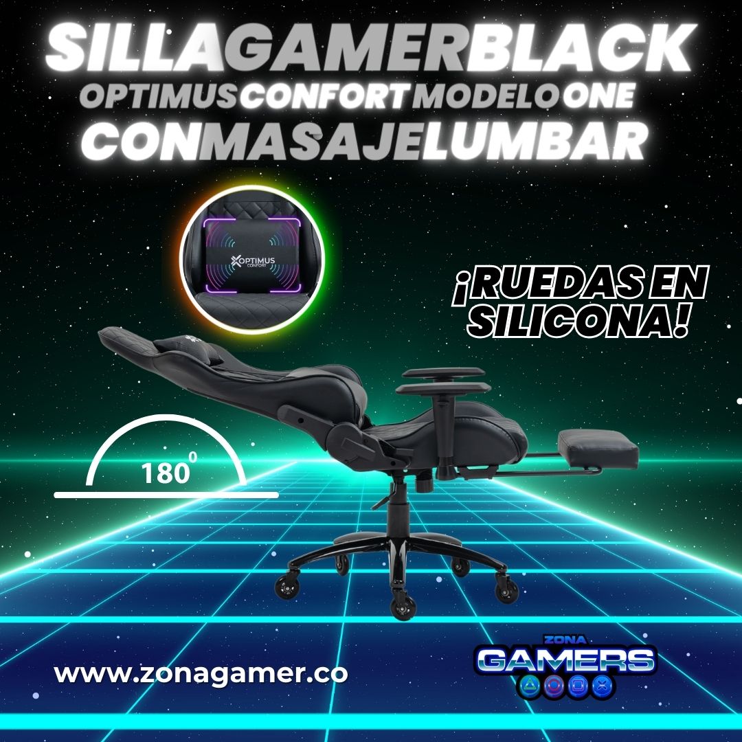 Silla Gamer ONE -1127F + masajeador lumbar con reposapiés incluido y ruedas en silicona