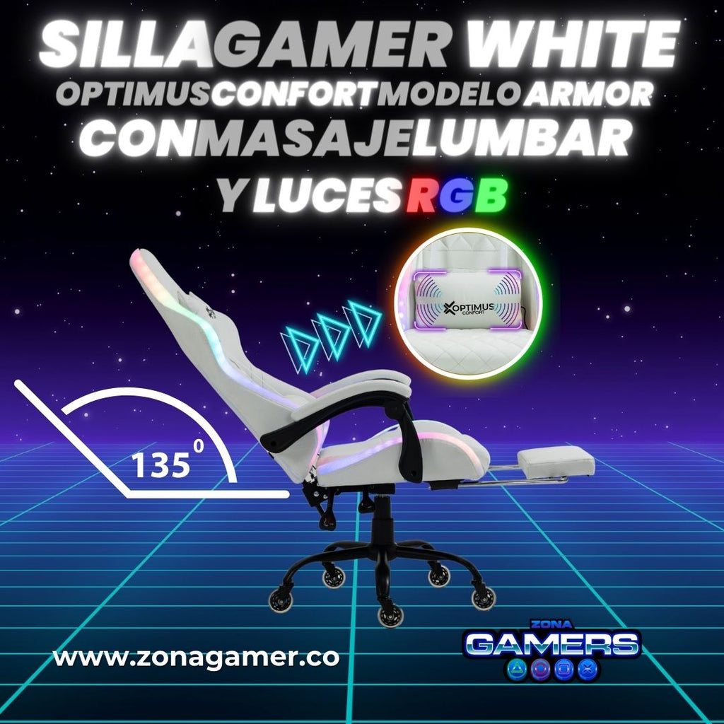 Silla Gamer Armor RGB White + masajeador lumbar con reposapiés incluido y ruedas en silicona