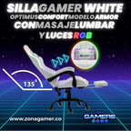 Silla Gamer Armor RGB White + masajeador lumbar con reposapiés incluido y ruedas en silicona