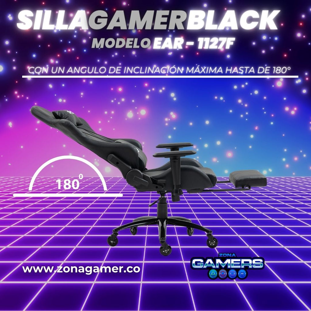 Silla gamer EAR-1127F Black + reposapies y ruedas en silicona