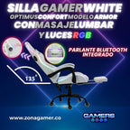 Silla Gamer Optimus Confort Armor RGB White con masajeador lumbar y parlante bluetooth