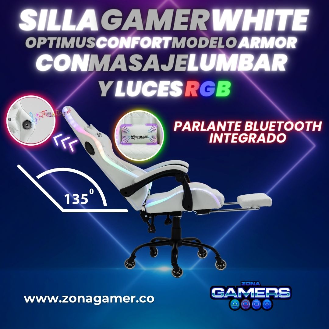 Silla Gamer Optimus Confort Armor RGB White con masajeador lumbar y parlante bluetooth
