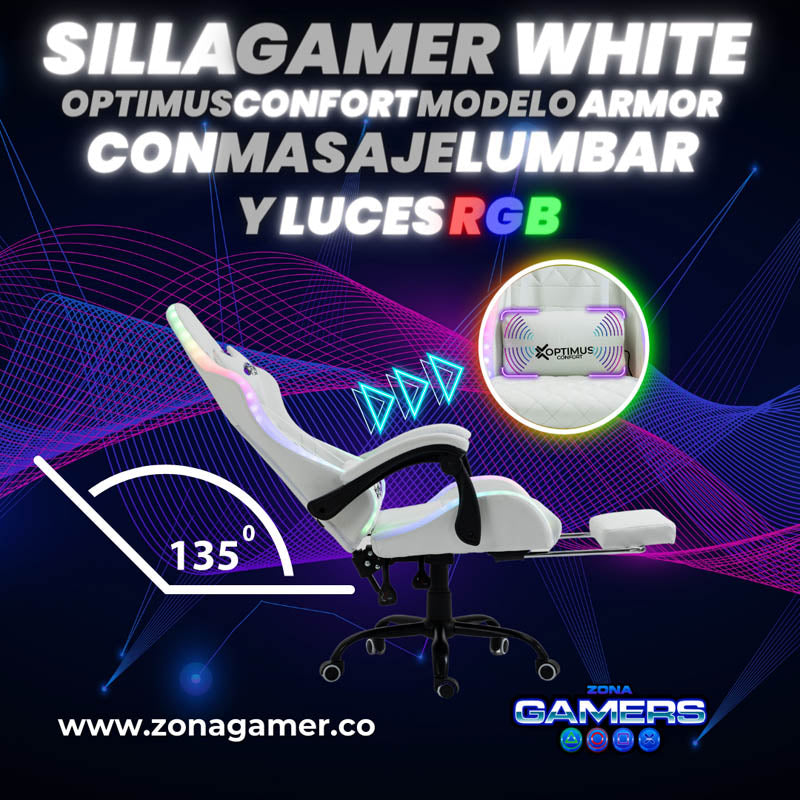 Silla Gamer Optimus Confort Armor RGB White con masajeador lumbar y reposapiés incluido