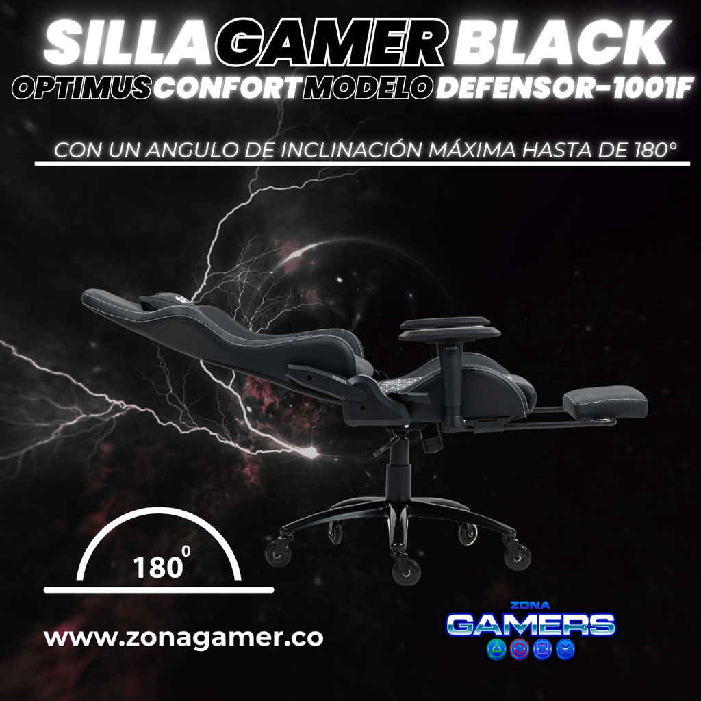 Silla Gamer Defensor-1001F Black con reposapiés y ruedas en silicona