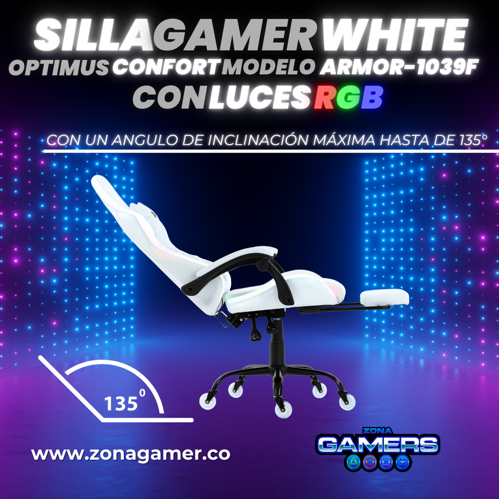 Silla gamer ARMOR-1039F White con luces RGB + reposapiés y ruedas en silicona