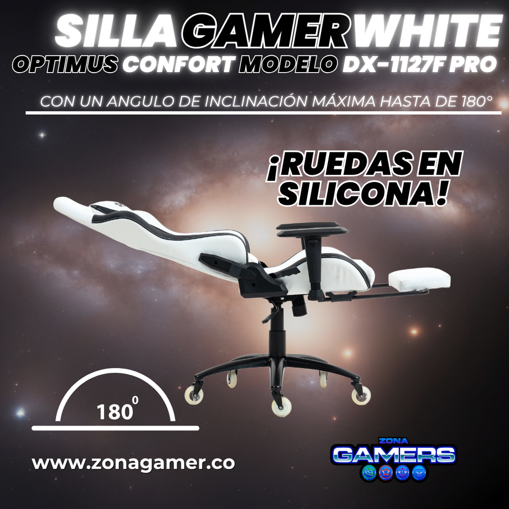 Silla Gamer DX-1127F PRO White con reposapiés y ruedas en silicona