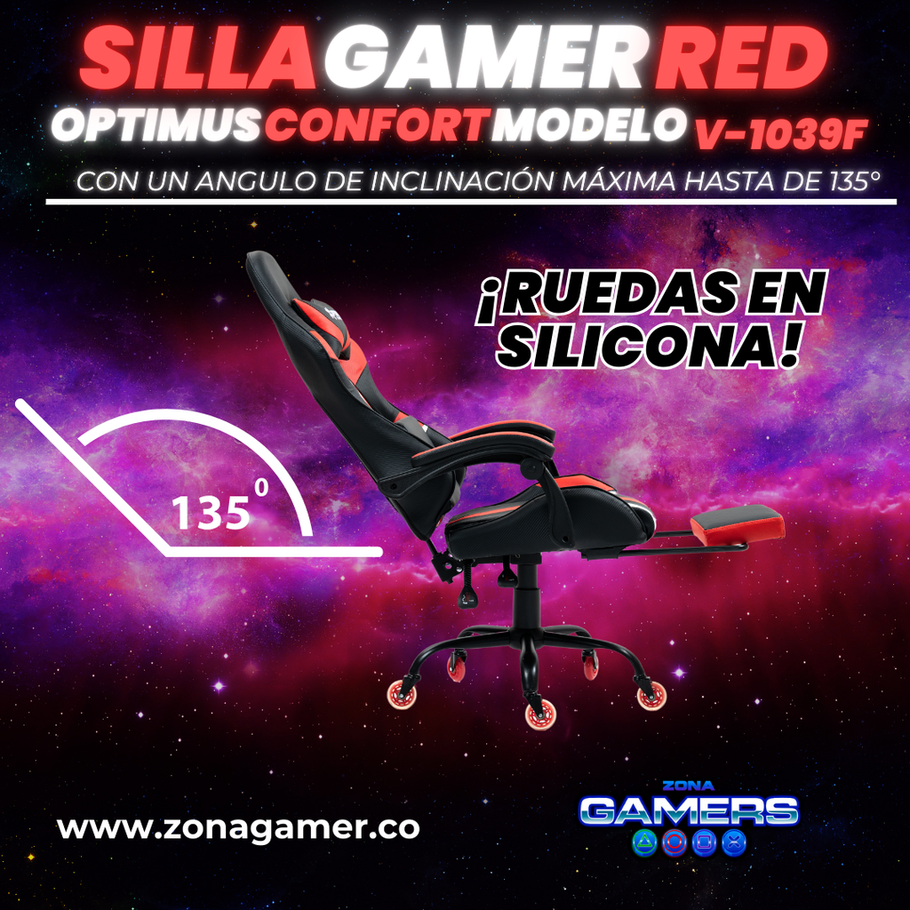 Silla Gamer V-1039F Red con reposapiés y ruedas en silicona