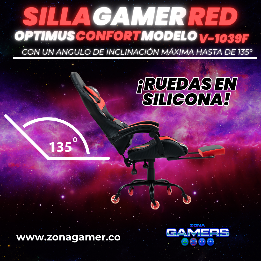 Silla Gamer V-1039F Red con reposapiés y ruedas en silicona
