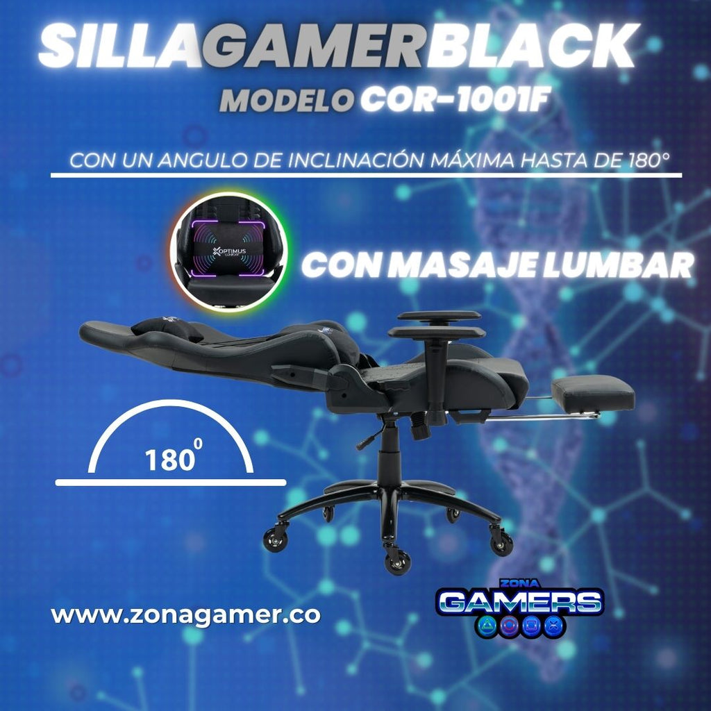 Silla Gamer COR-1001F Black con masajeador lumbar y reposapiés incluido