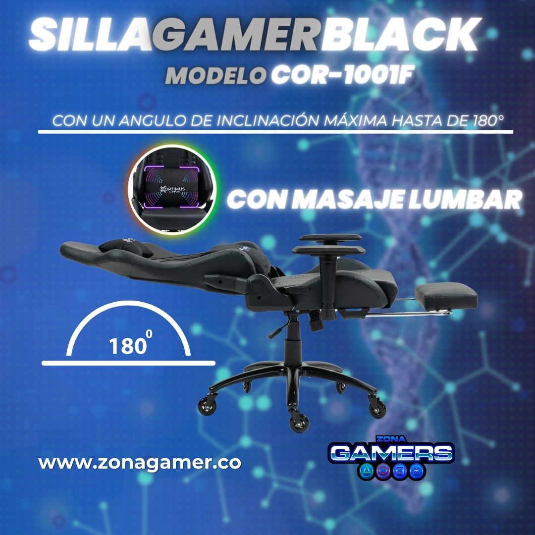 Silla Gamer COR-1001F Black con masajeador lumbar y reposapiés incluido