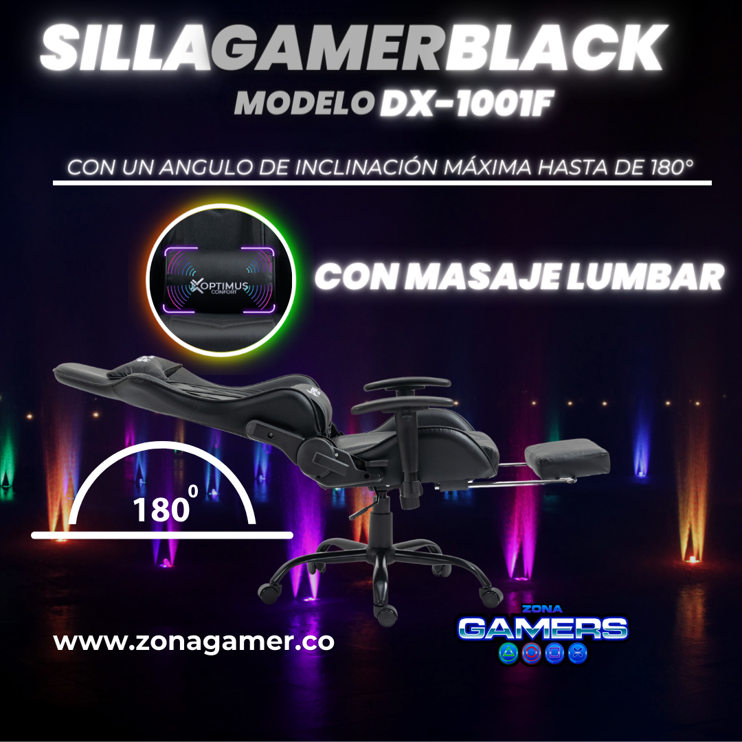 Silla Gamer DX-1001F Black con masajeador lumbar y reposapiés incluido