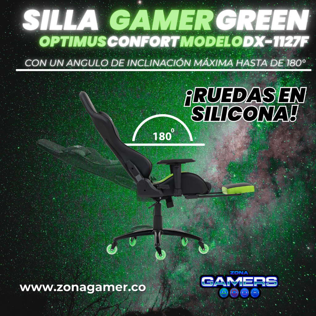 Silla Gamer DX-1127F Green con reposapiés y ruedas en silicona