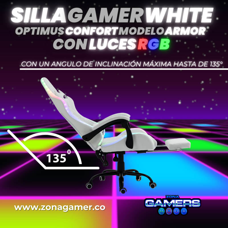 Silla gamer Optimus Confort modelo Armor White con luces RGB